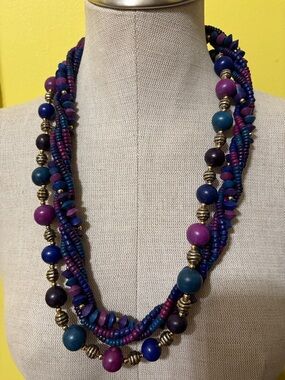 Multistrand Beaded Statement Necklace - Purple & Blue